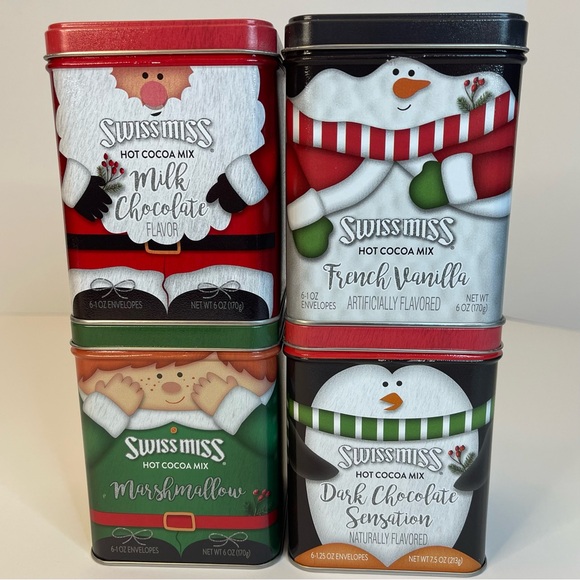 Swiss Miss Cocoa Holiday Collectible 4 Set Empty Tins Santa Snowman Elf Penguin - Picture 1 of 10
